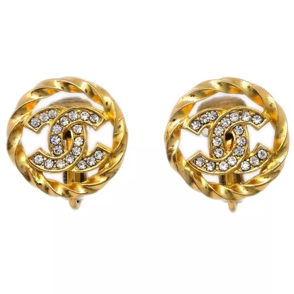 Chanel Gold Button Earrings Clip-On Rhinestone - Picture 1 of 4